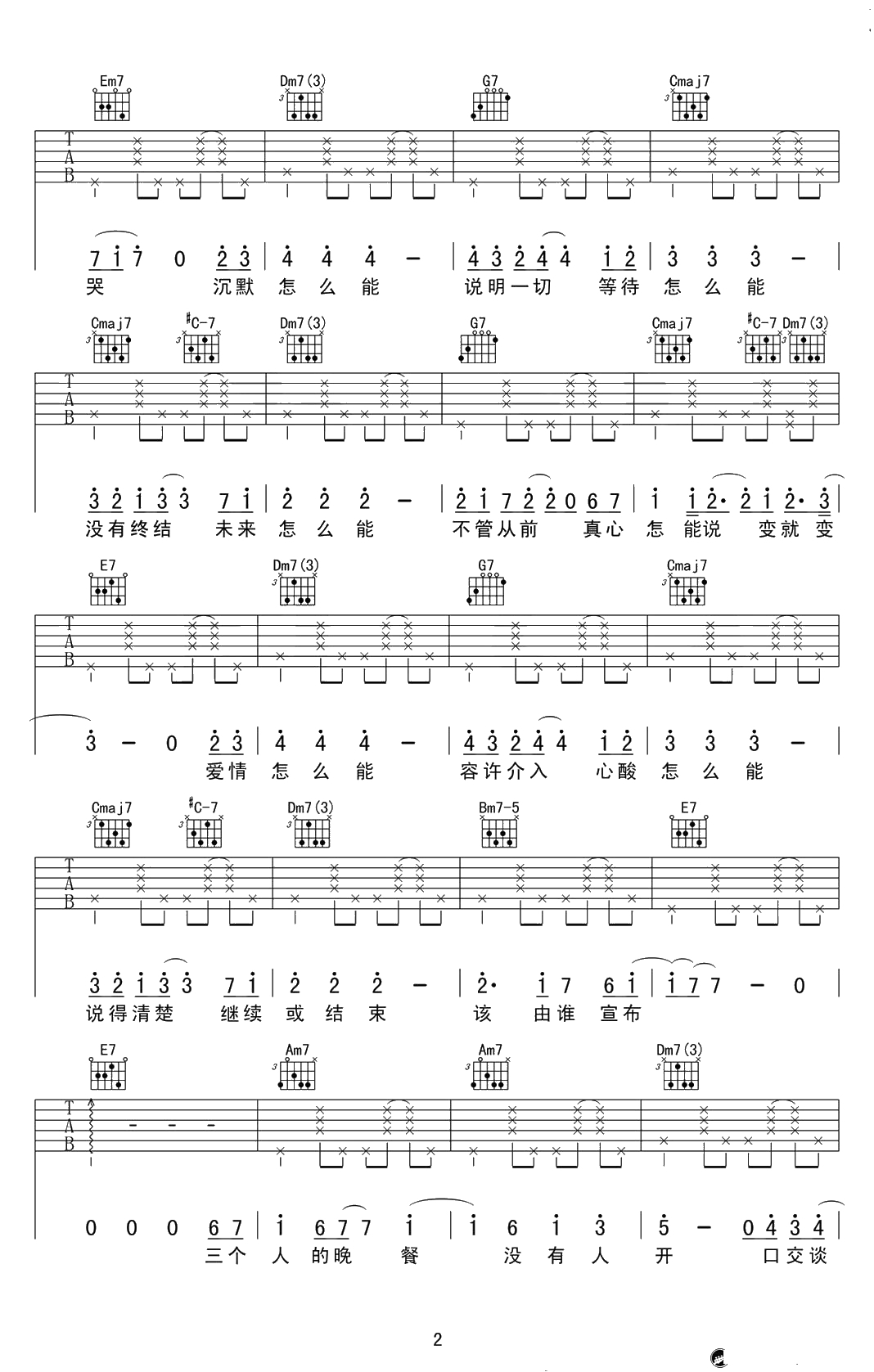 三个人的晚餐吉他谱-C调弹唱六线谱-王若琳2