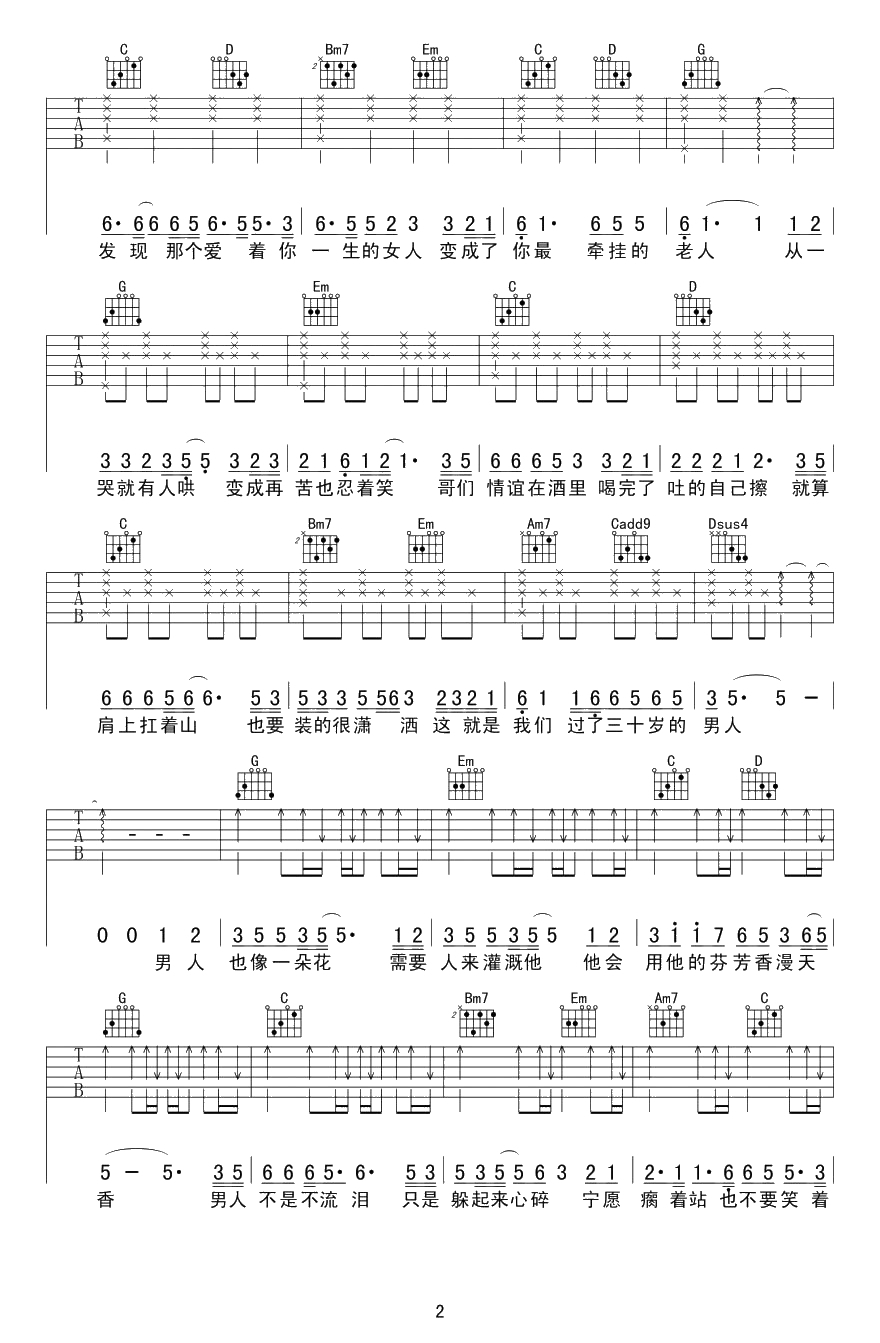 男人花吉他谱--G调弹唱谱-黄勇《男人花》六线谱2