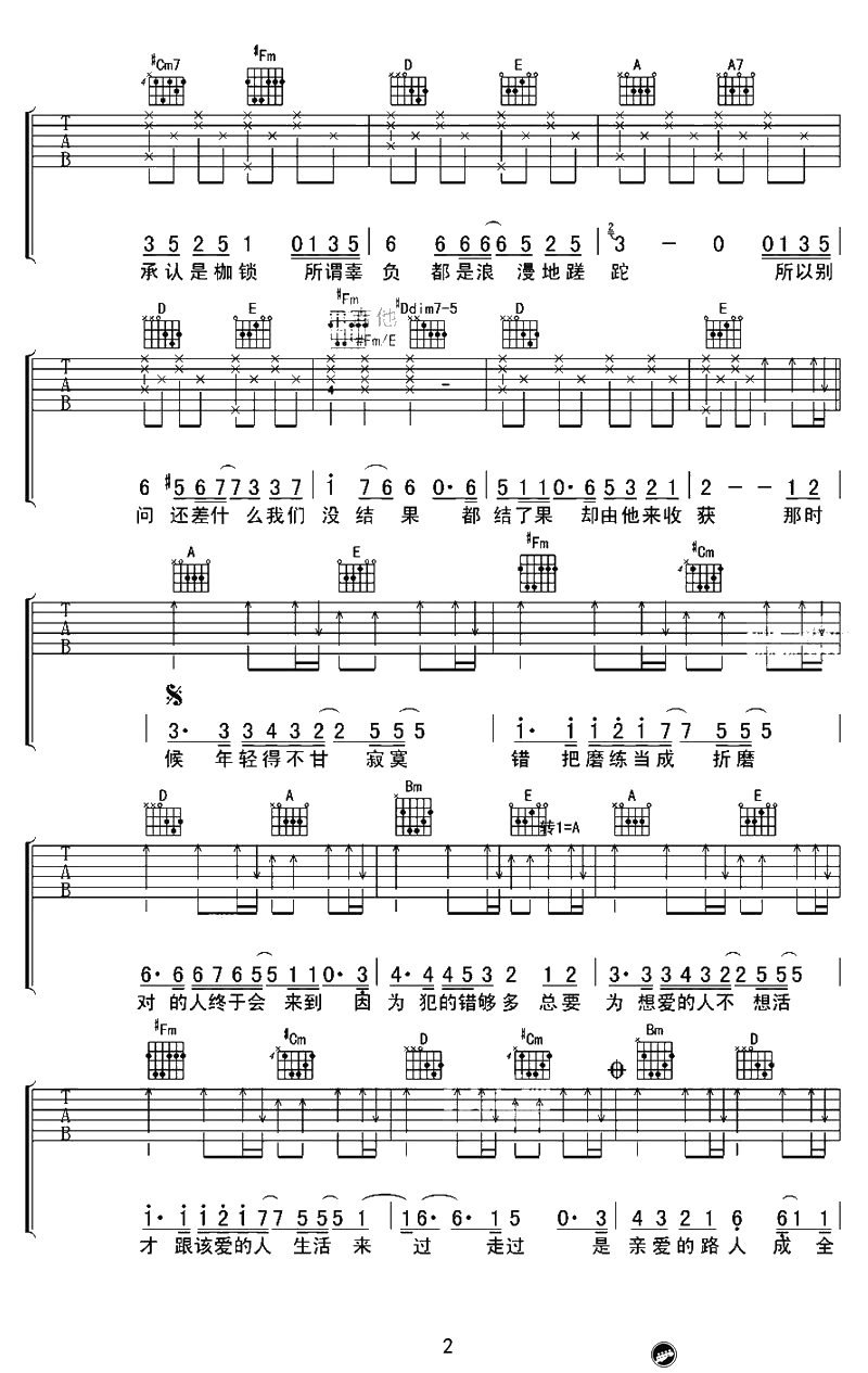 亲爱的路人吉他谱-刘若英《亲爱的路人》六线谱2