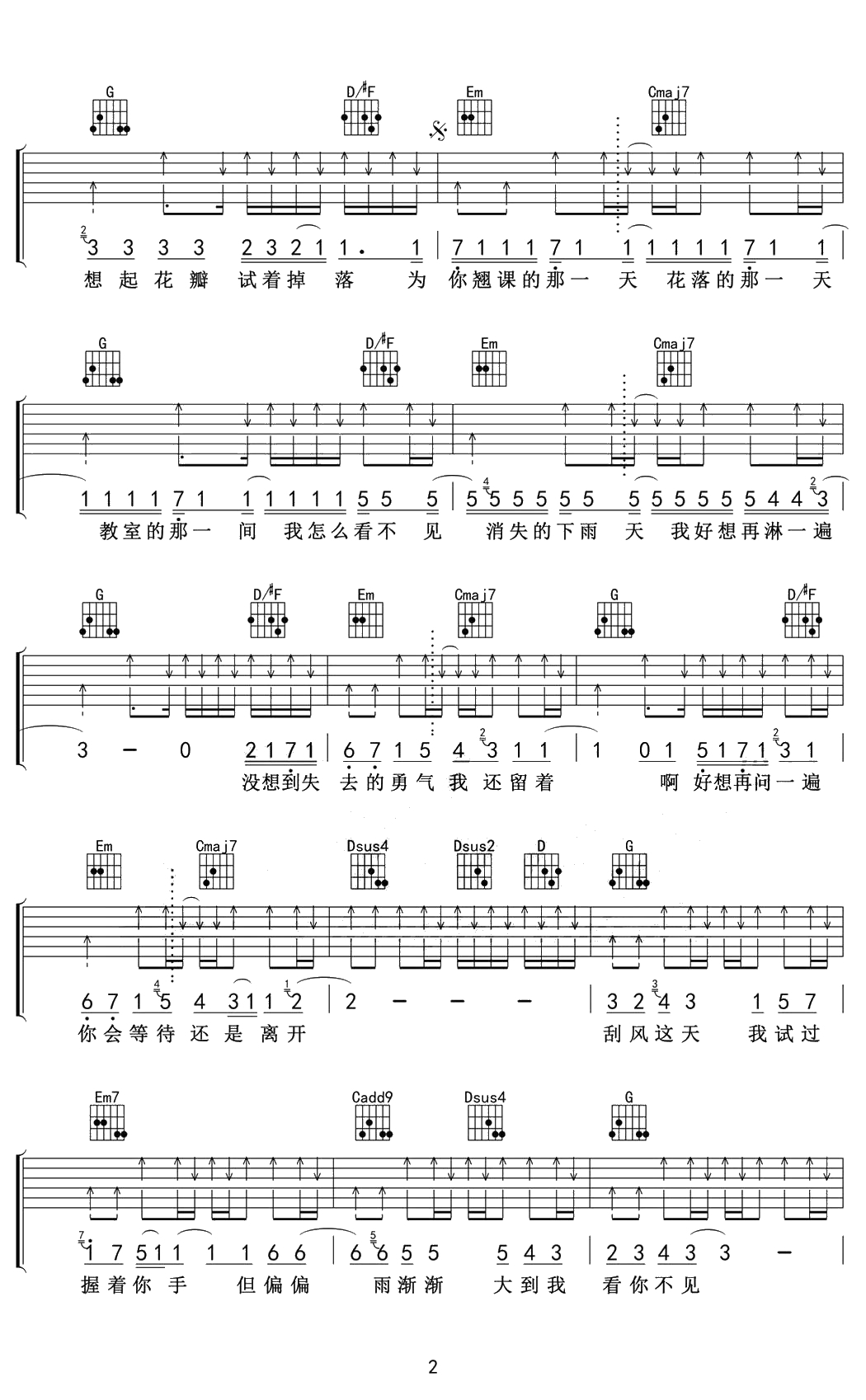 晴天吉他谱 G调弹唱谱 周杰伦2