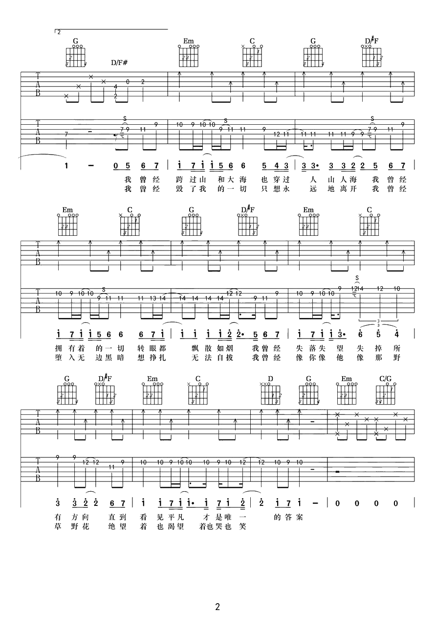 平凡之路吉他谱-G调指法-双吉他版本-朴树2