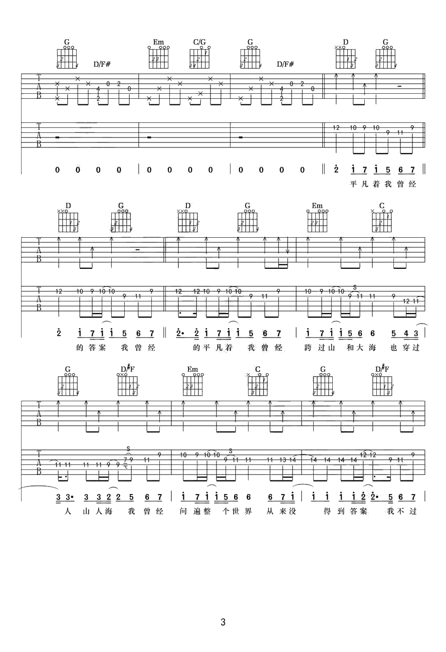 平凡之路吉他谱-G调指法-双吉他版本-朴树3