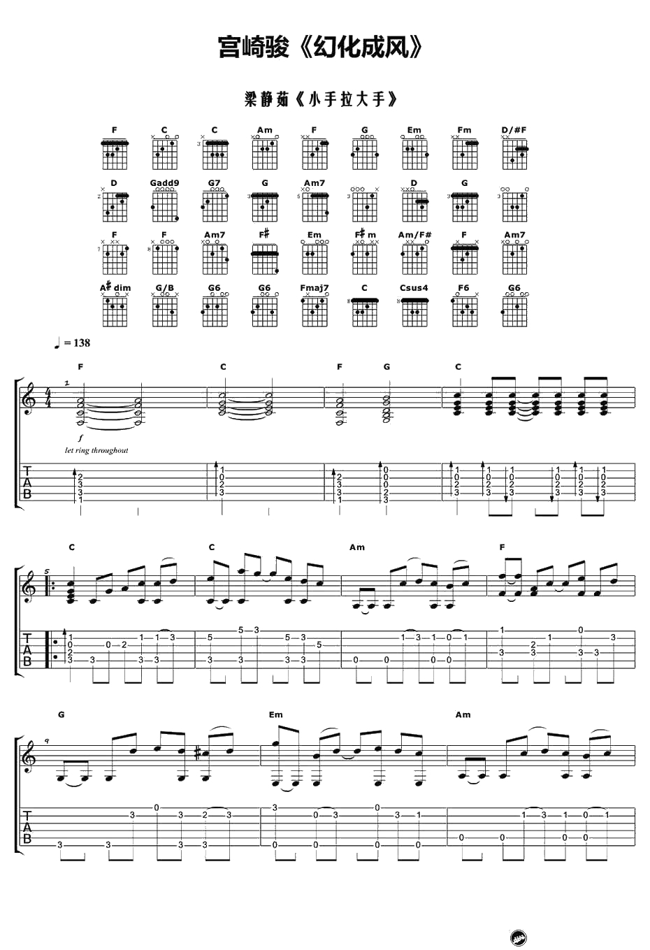 小手拉大手指弹谱-宫崎骏-幻化成风吉他独奏谱1