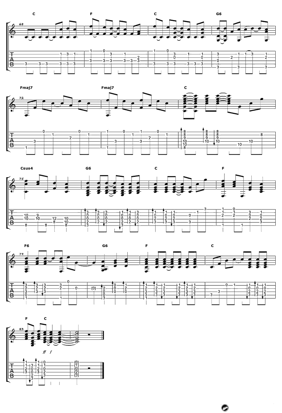 小手拉大手指弹谱-宫崎骏-幻化成风吉他独奏谱5