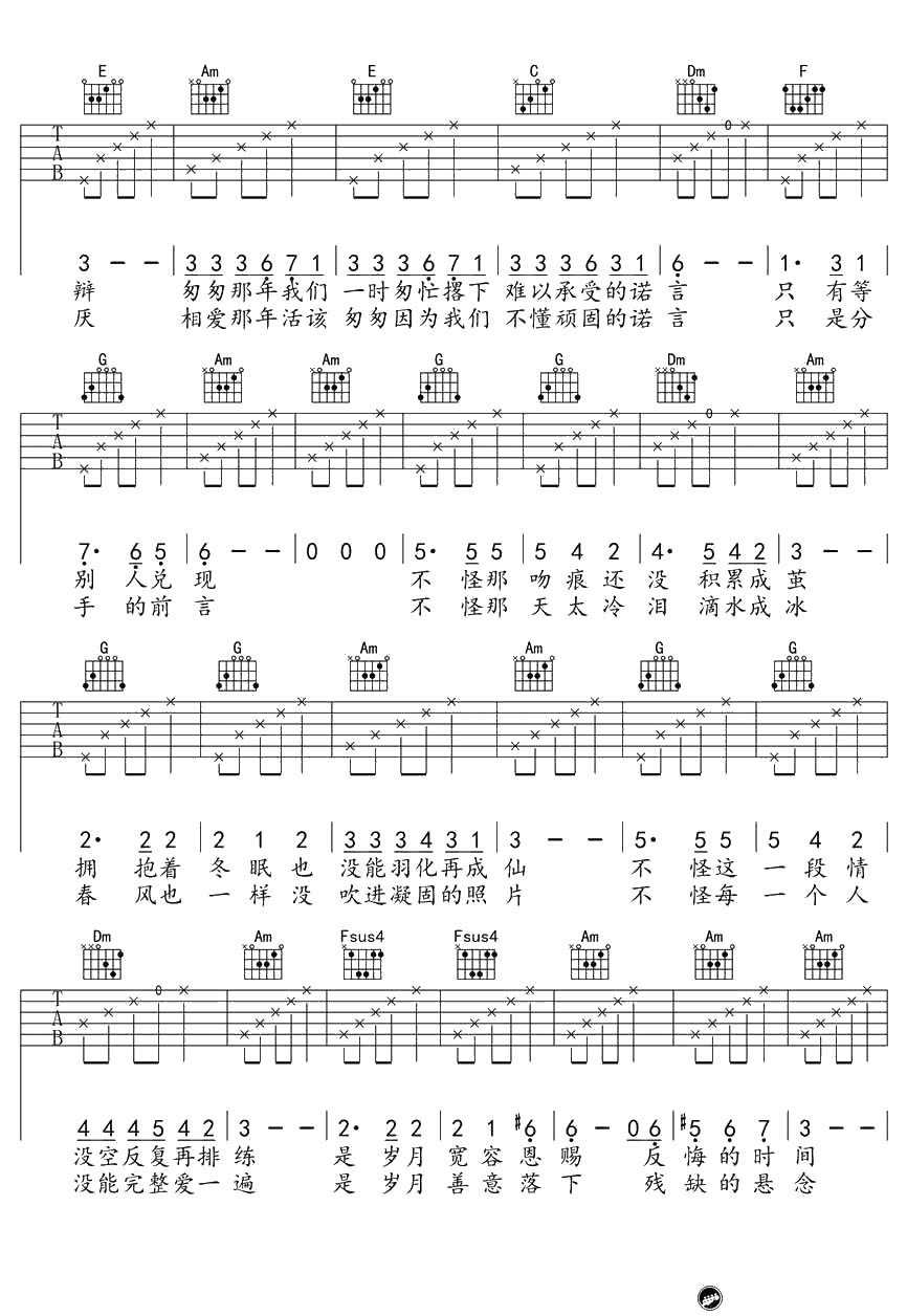 《匆匆那年》吉他谱-王菲C调弹唱谱-2