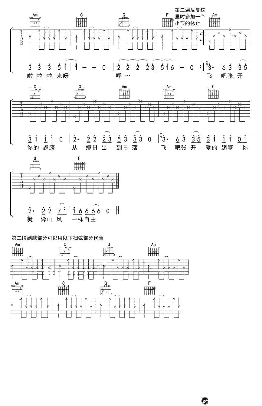 山风一样自由吉他谱-C调男生版-阿鲁阿卓3