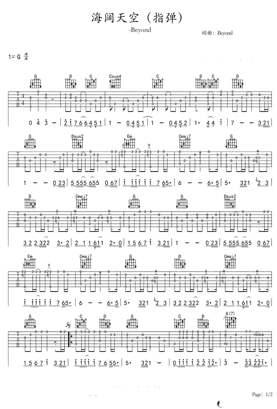 海阔天空吉他指弹谱-G调吉他独奏谱-Beyond1