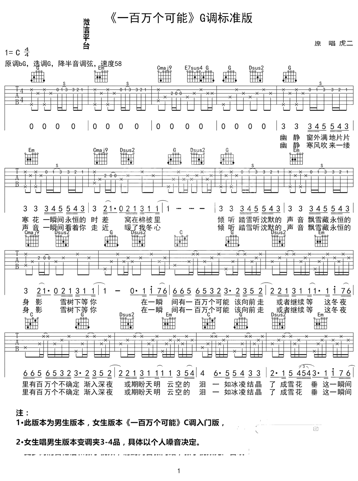 一百万个可能吉他谱-G调男生版-虎二-高清1