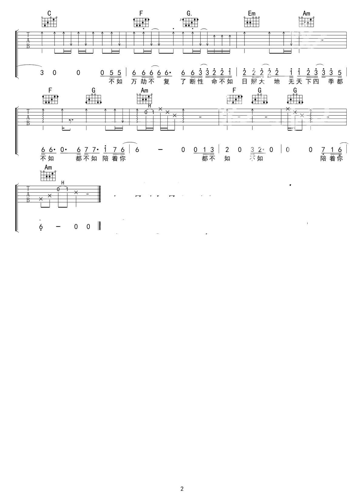 妓和不如吉他谱-隔壁老樊-C调六线谱2