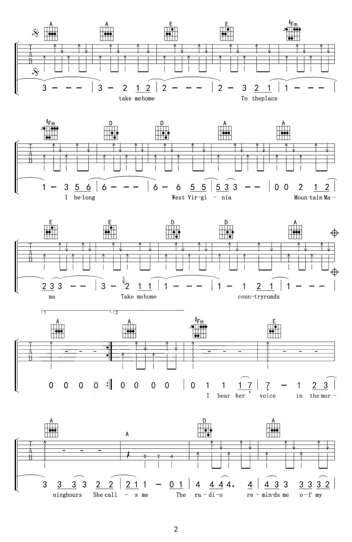 Take me home country roads吉他谱-约翰丹佛-A调指法编配2