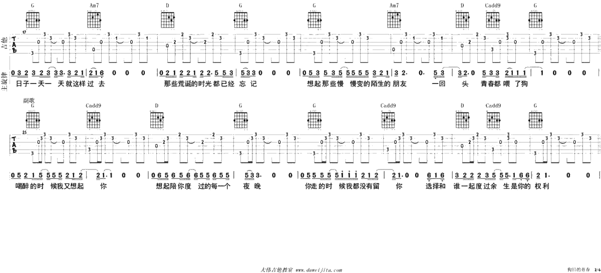 狗日的青春吉他谱-G调指法六线谱-贰佰2