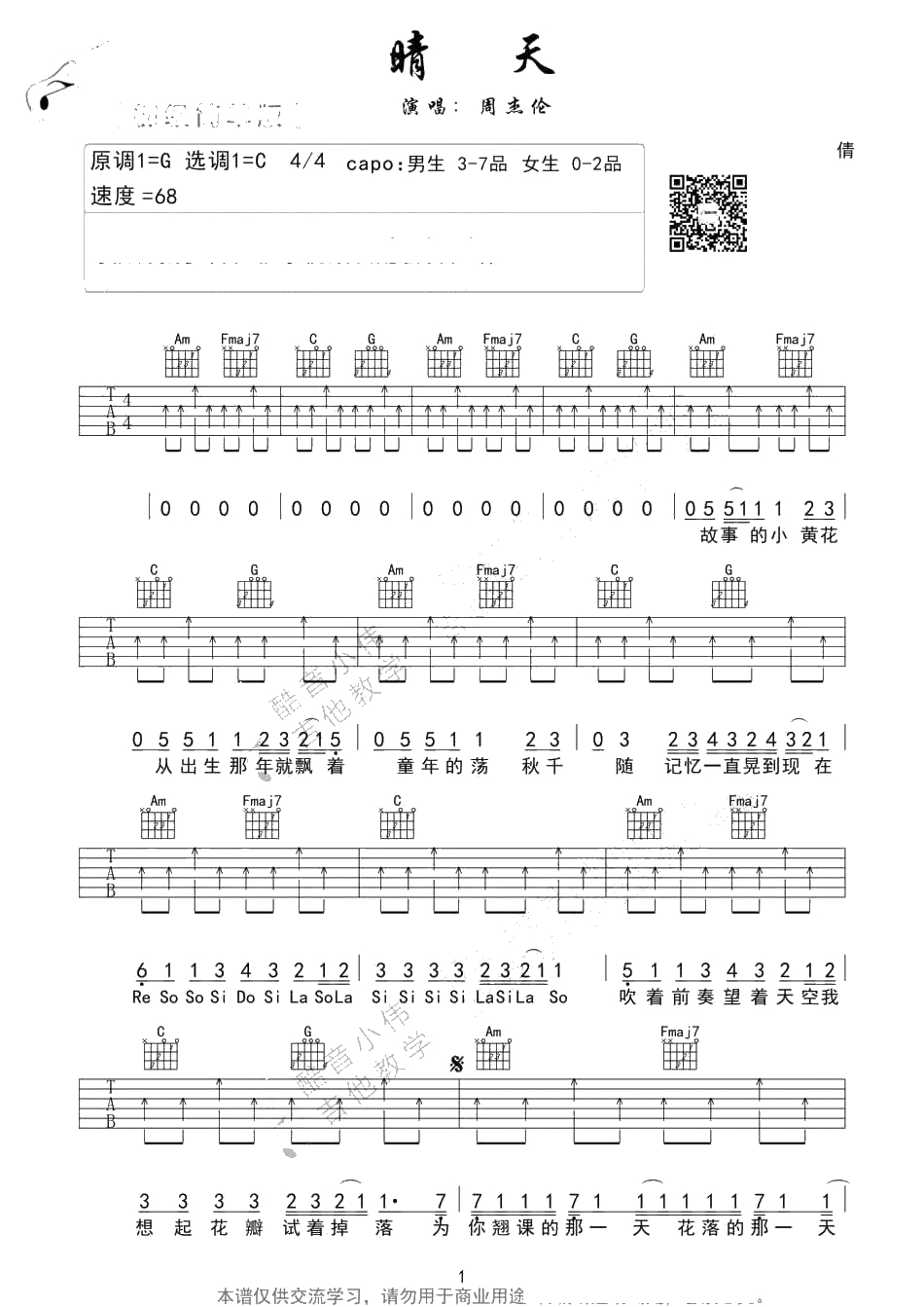 晴天吉他谱-C调简单版-周杰伦-吉他初级弹唱谱1