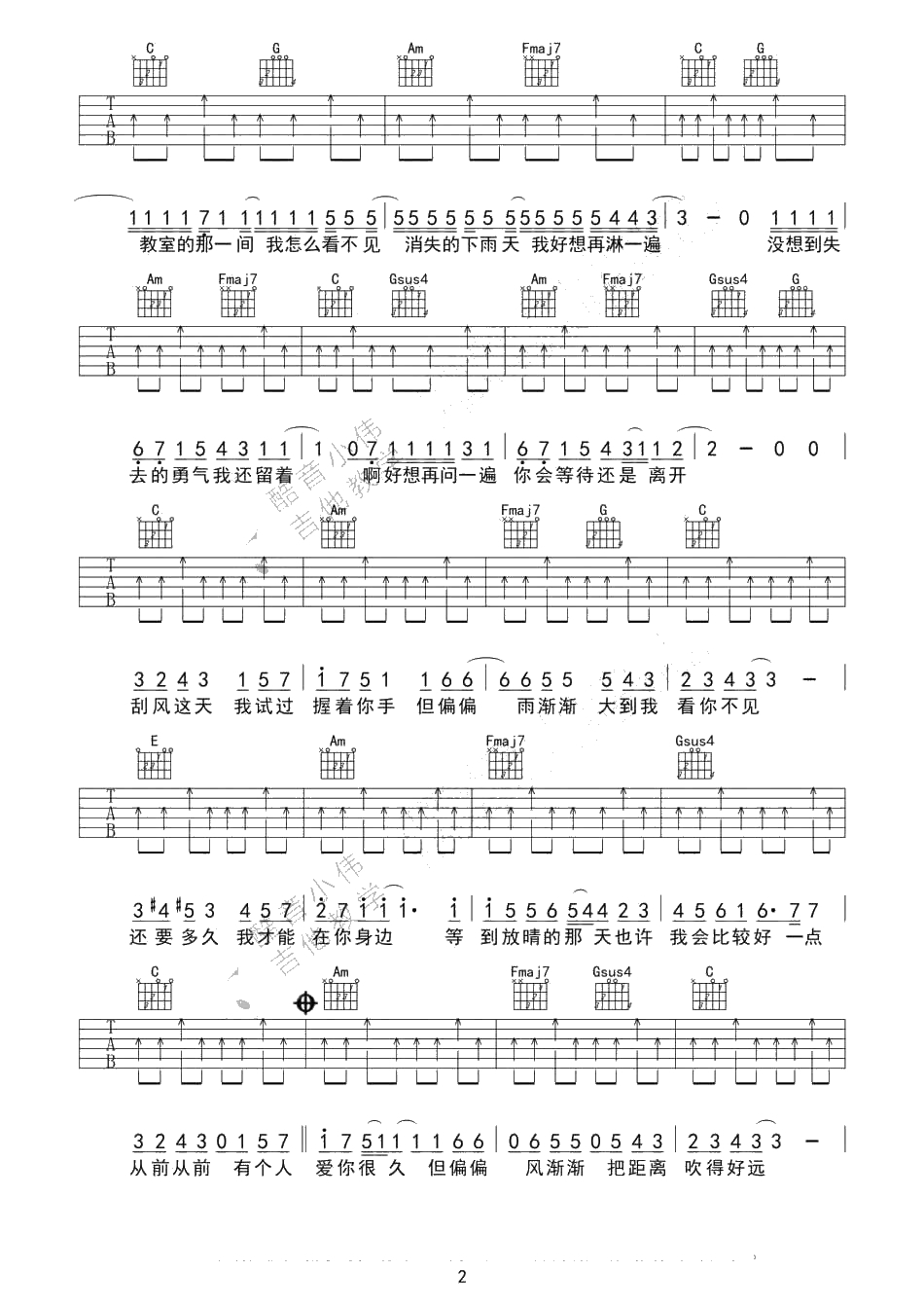 晴天吉他谱-C调简单版-周杰伦-吉他初级弹唱谱2