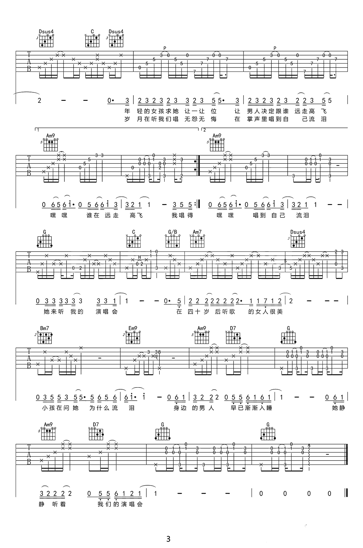 她来听我的演唱会吉他谱-G调六线谱-张学友3