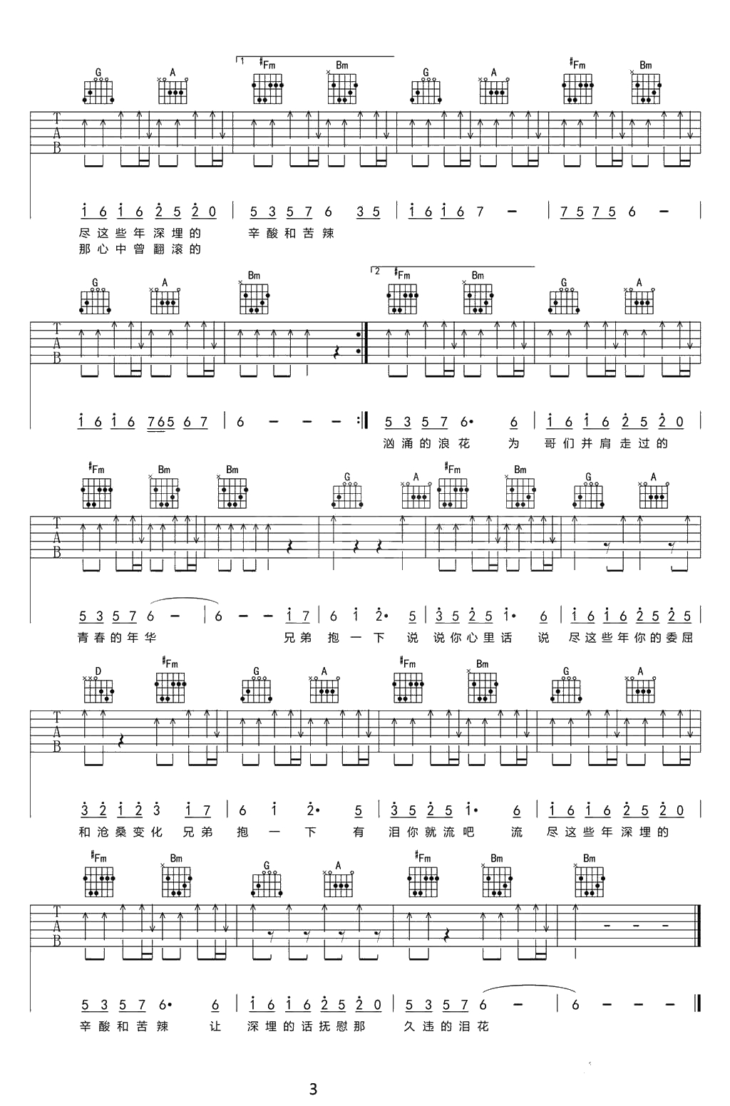 兄弟抱一下吉他谱-D调原版-庞龙3