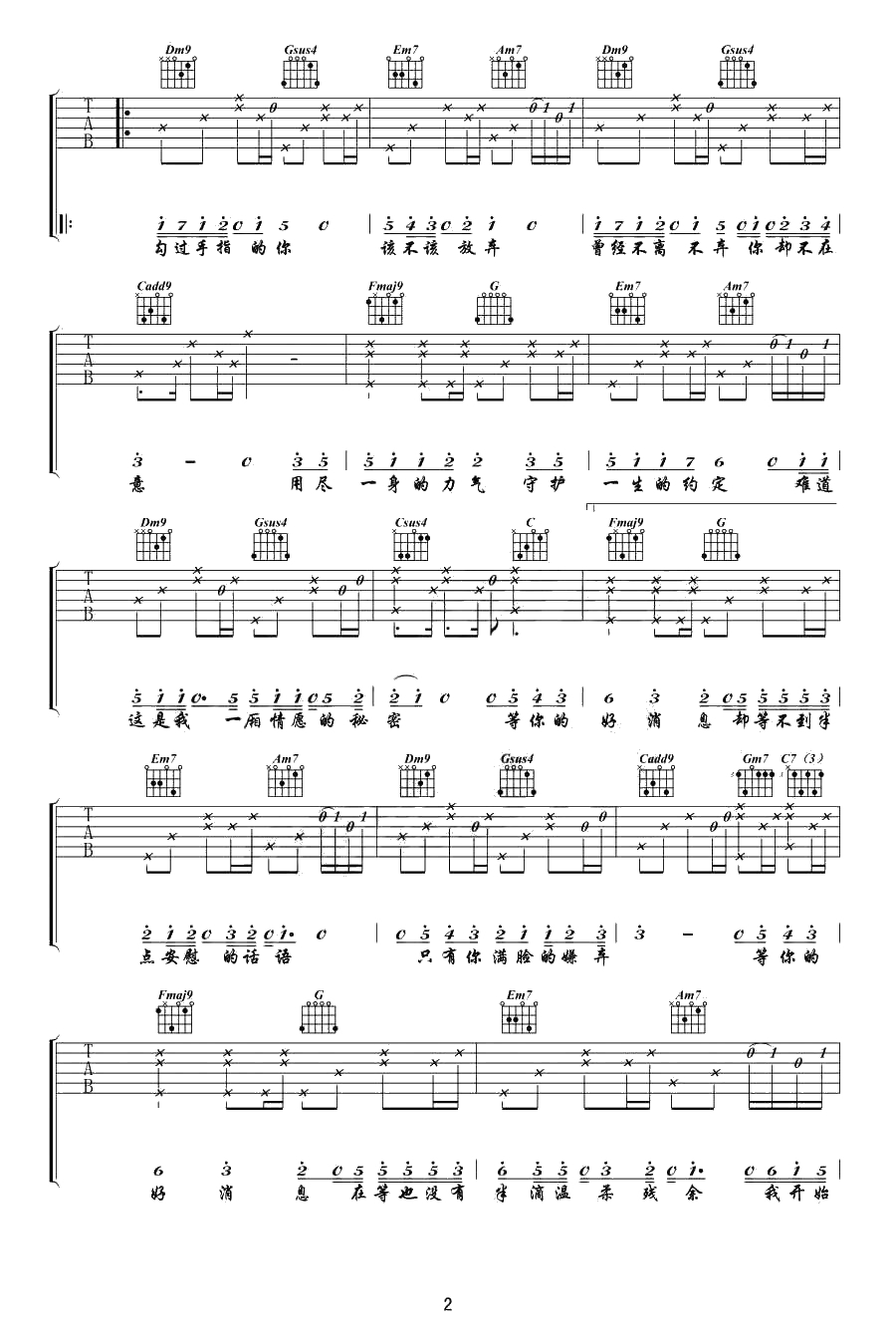 等你吉他谱-A-Lin(黄丽玲)-吉他弹唱2