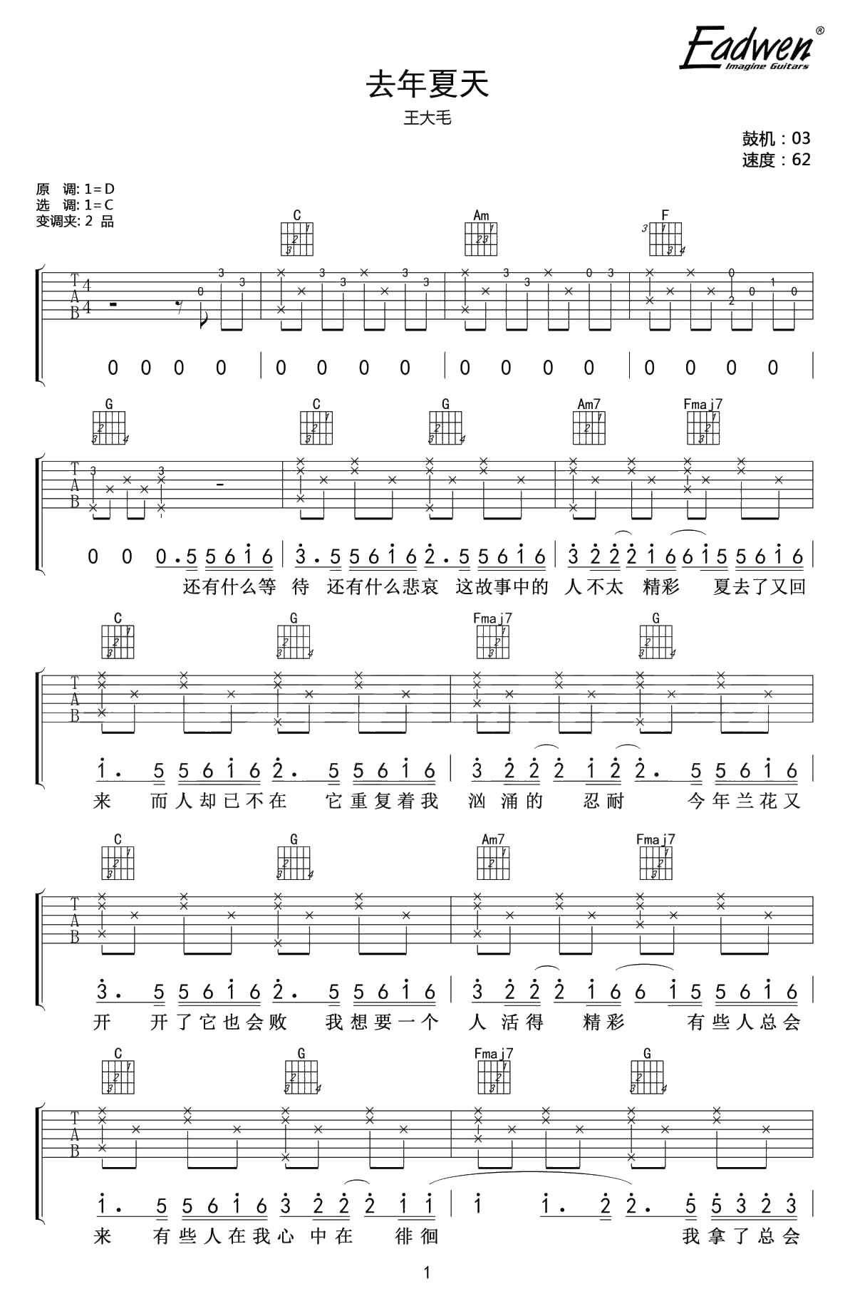 去年夏天吉他谱-王大毛C调1