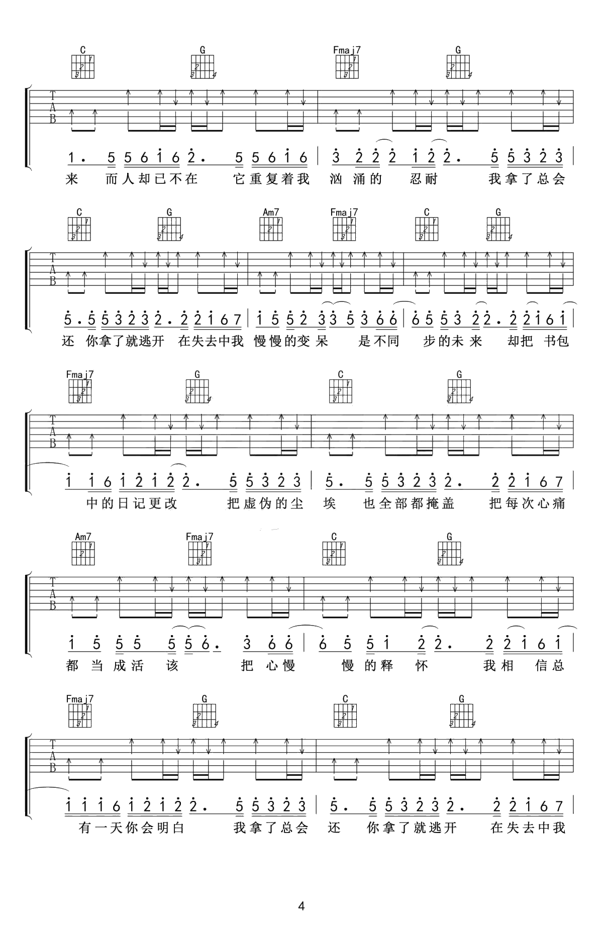 去年夏天吉他谱-王大毛C调4