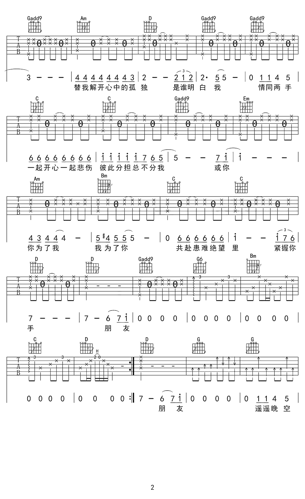 朋友吉他谱-谭咏麟《朋友》吉他六线谱-粤语歌曲弹唱谱2