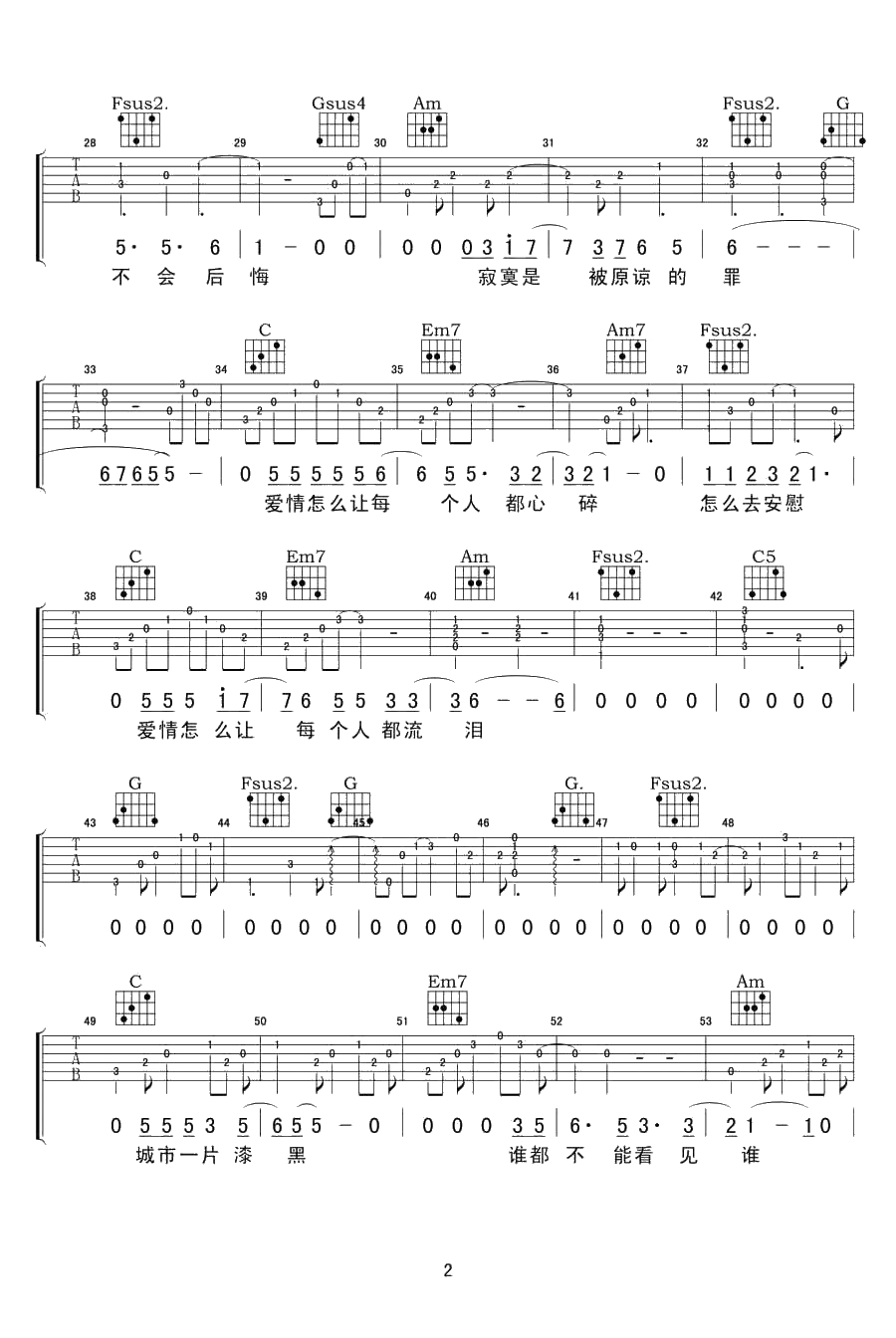 让每个人都心碎吉他谱-C调指法-黄大炜/卫锋-吉他弹唱2