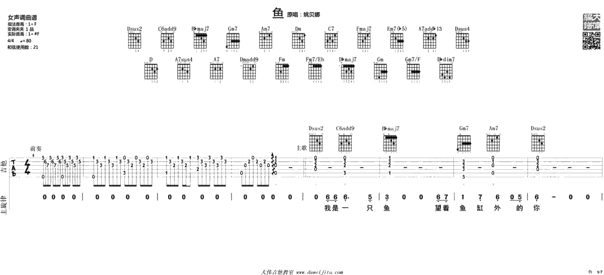 鱼吉他谱-姚贝娜《鱼》吉他弹唱讲解1