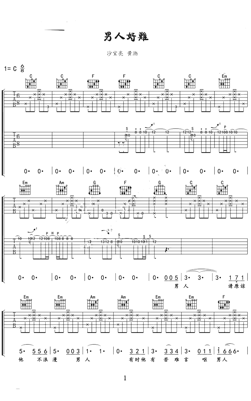 男人好难吉他谱-沙宝亮黄渤-弹唱六线谱1