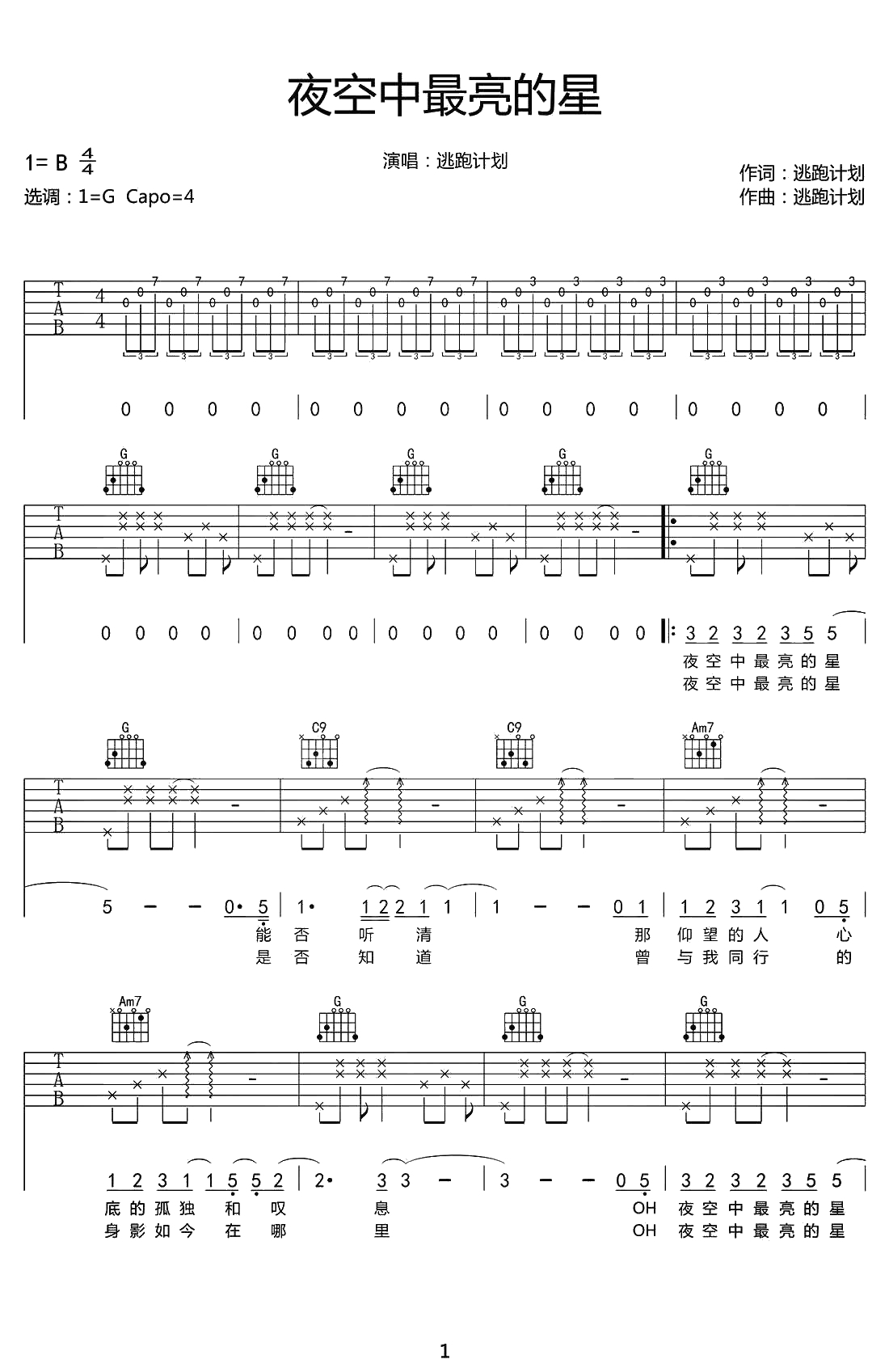 夜空中最亮的星吉他谱-G调弹唱六线谱-逃跑计划乐队1