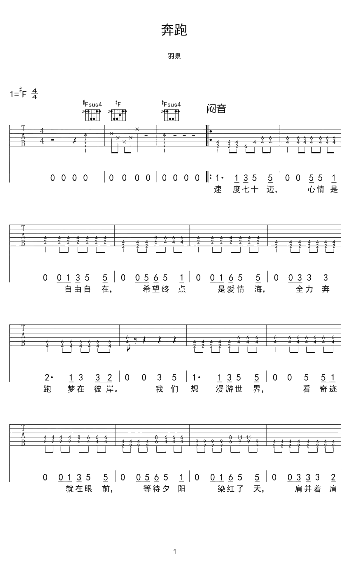 奔跑吉他谱-羽泉-奔跑六线谱()1