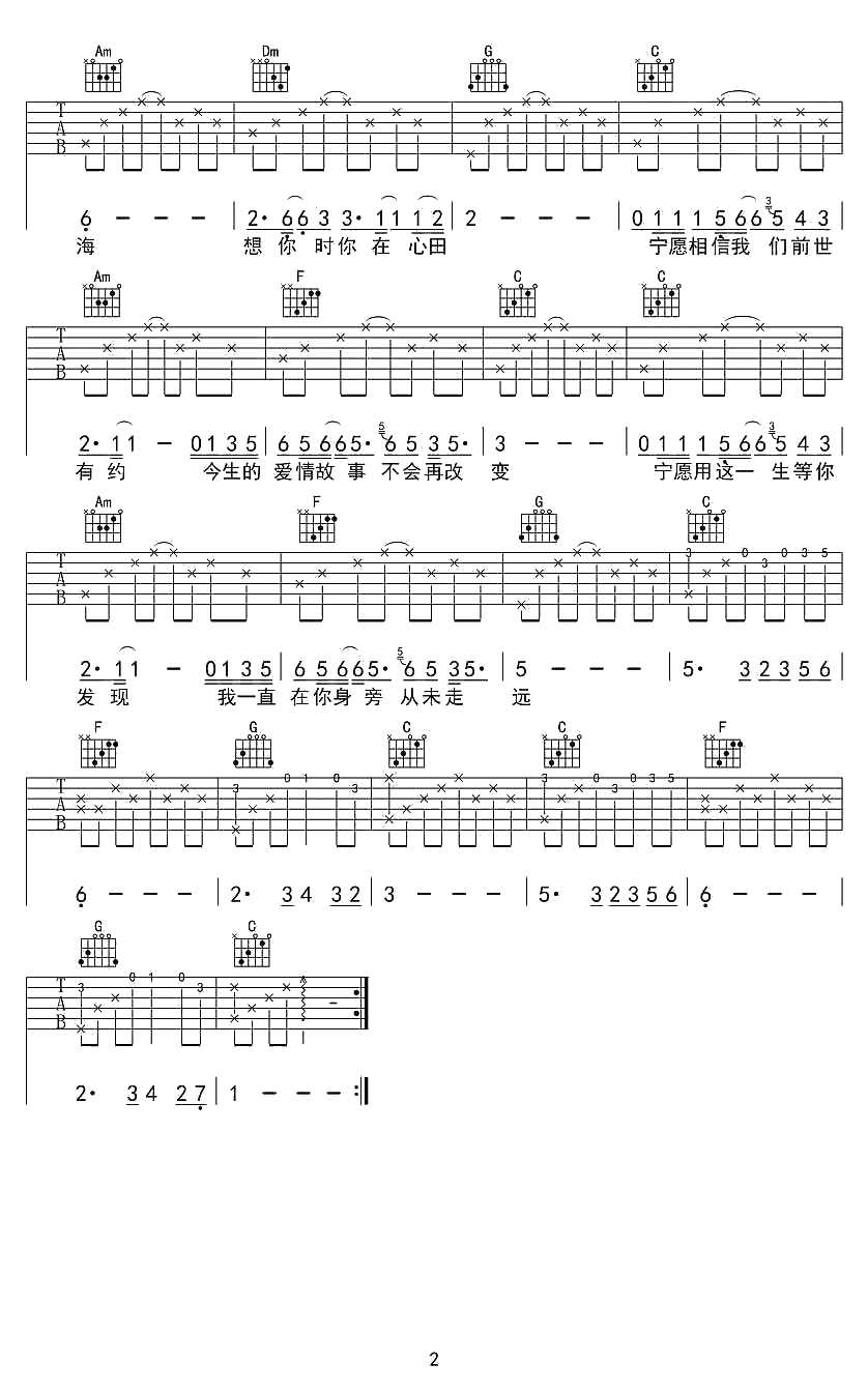 传奇吉他谱-C调简单版-李健《传奇》六线谱2