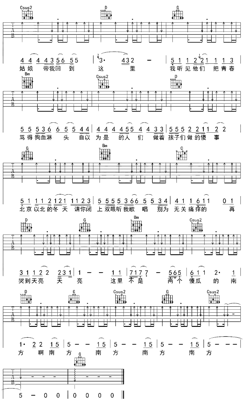 北京以南吉他谱-G调指法-曹槽《北京以南》六线谱4