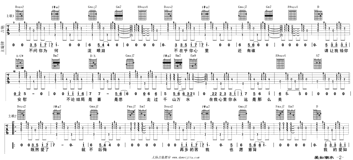 爱如潮水吉他谱-D调指法-张信哲《爱如潮水》吉他弹唱2