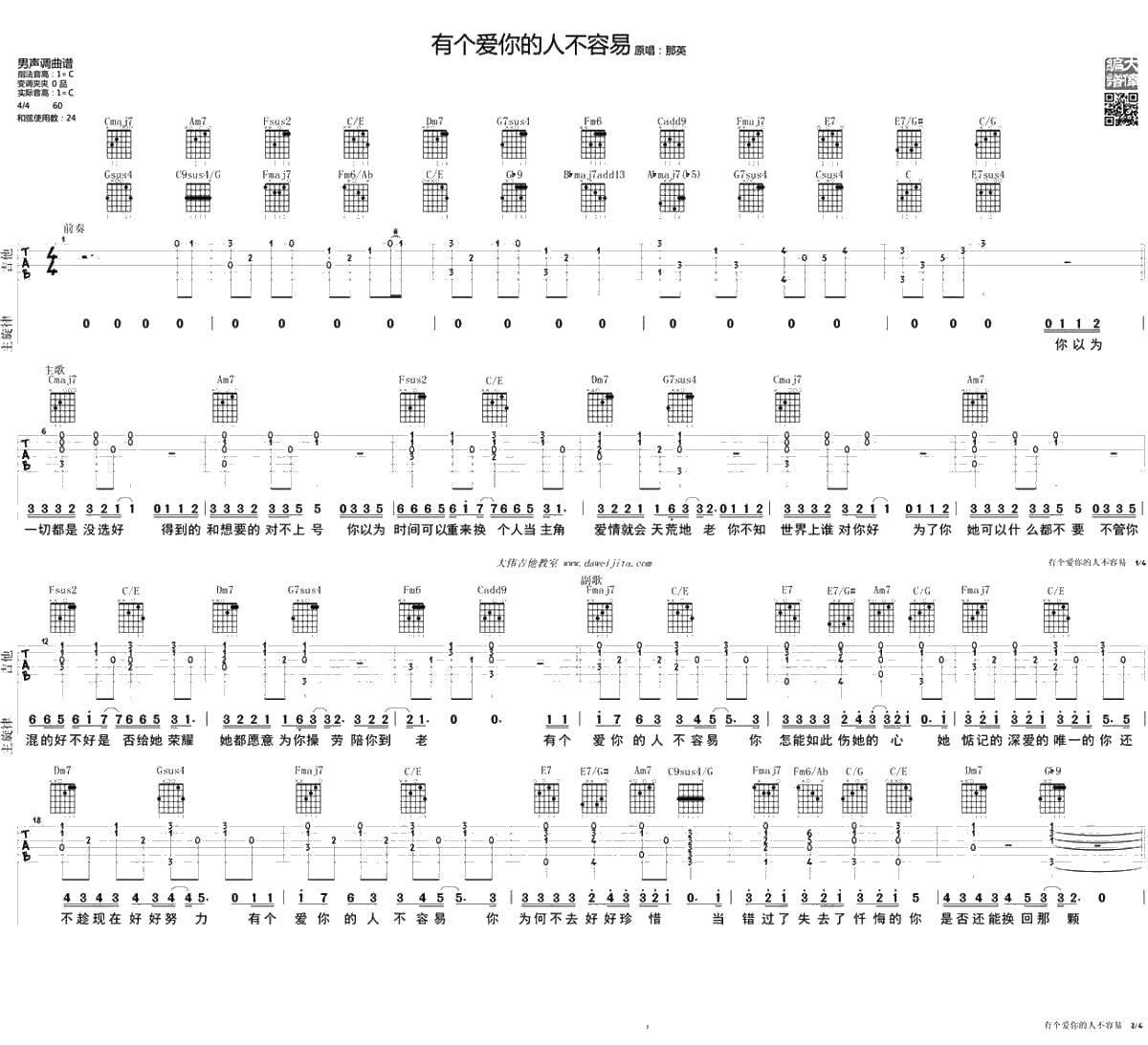 有个爱你的人不容易吉他谱C调-那英-吉他弹唱1
