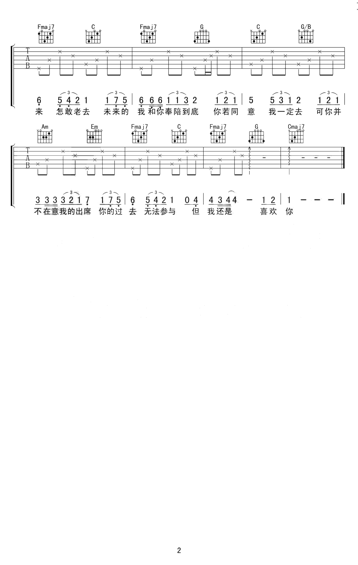 遥远的你吉他谱-陈曦-抖音歌曲-C调弹唱谱2