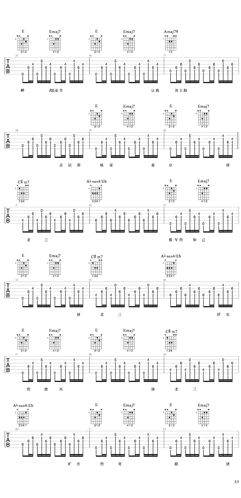 猪老三吉他谱-何大河《猪老三》六线谱3