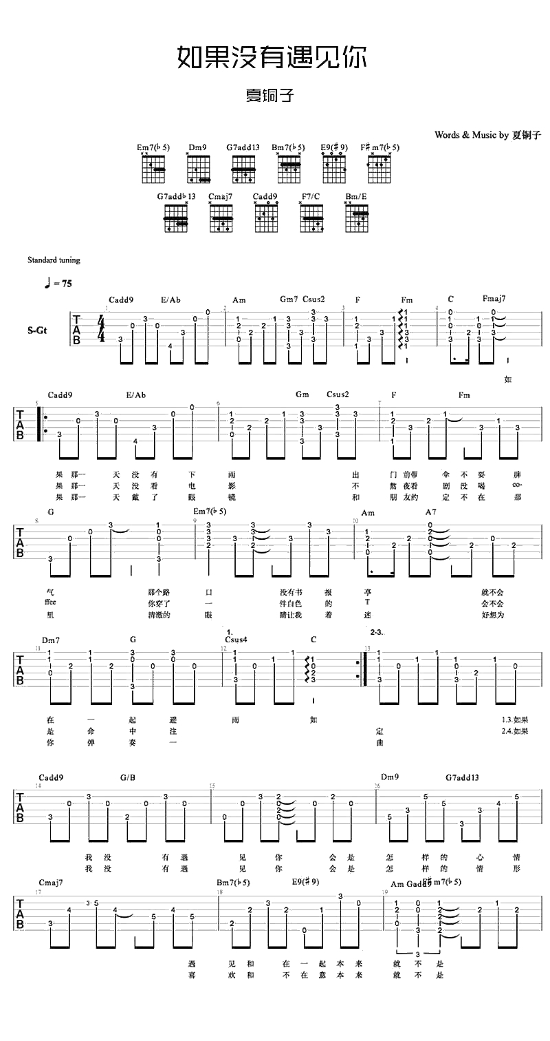 如果没有遇见你吉他谱-夏铜子-原版吉他谱(图片)1