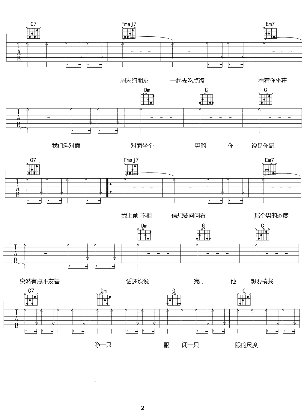 凭什么说吉他谱-C调指法-刘心《凭什么说》六线谱2