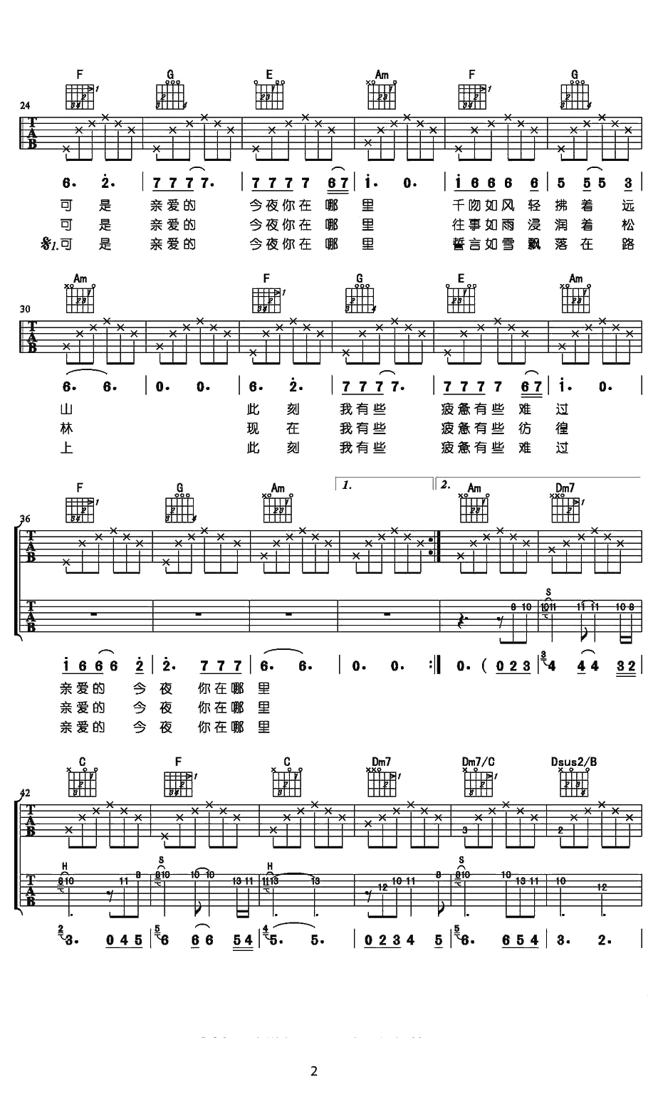 亲爱的今夜你在哪里吉他谱-汪峰-吉他弹唱讲解2
