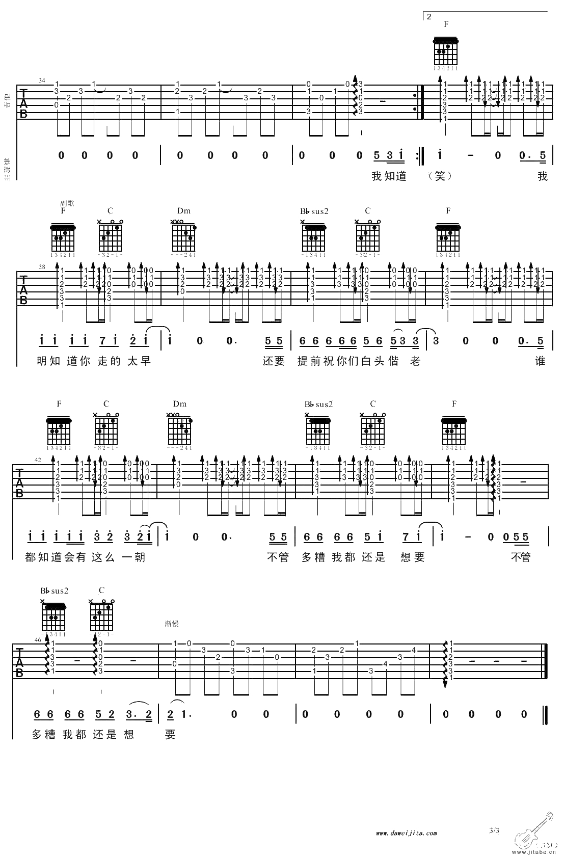 太早吉他谱-F调指法-刘允乐《太早》吉他弹唱3