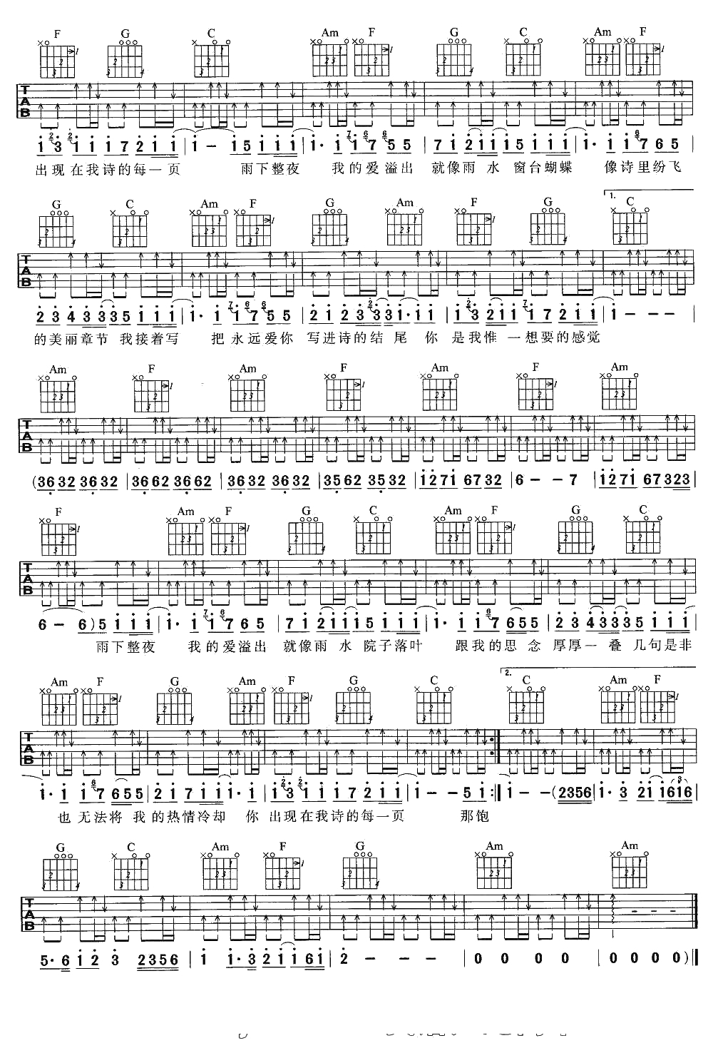 七里香吉他谱C调-周杰伦《七里香》吉他弹唱六线谱2