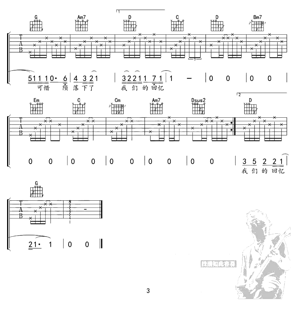 烟火吉他谱-G调弹唱谱-陈翔-烟火吉他六线谱3
