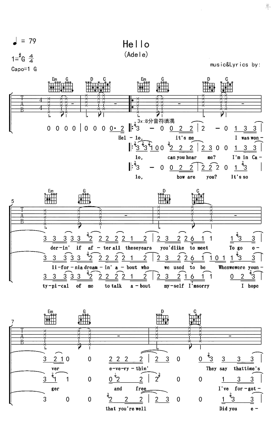 Hello吉他谱-Adele(阿黛尔)Hello吉他弹唱1