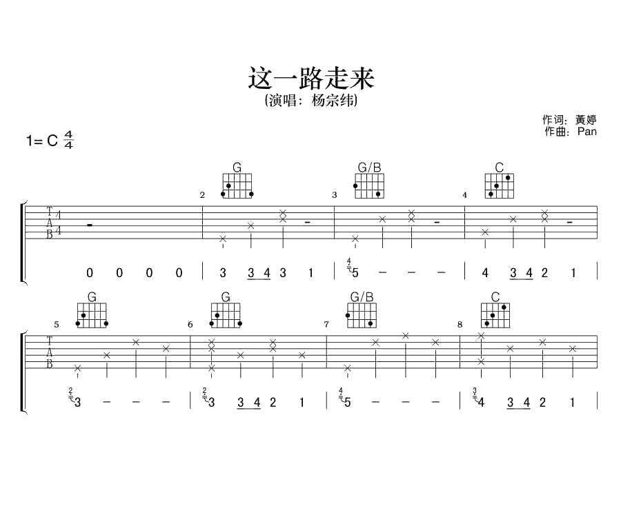 这一路走来吉他谱-C调指法-杨宗纬-高清完整版1