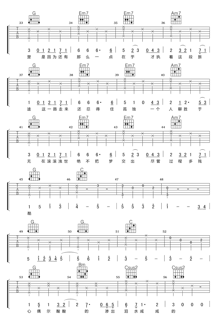 这一路走来吉他谱-C调指法-杨宗纬-高清完整版2