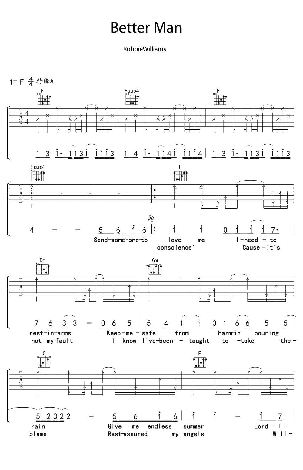 Better Man吉他谱-Robbie Williams-英文歌曲吉他谱1