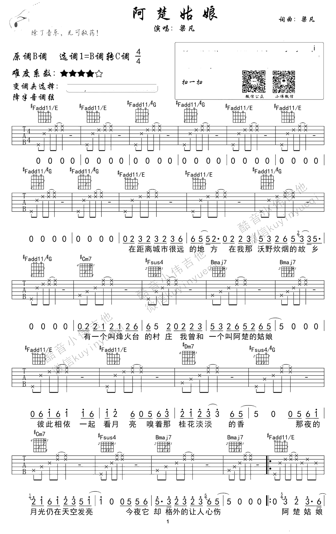 阿楚姑娘吉他谱-梁凡(袁娅维)-阿楚姑娘六线谱1