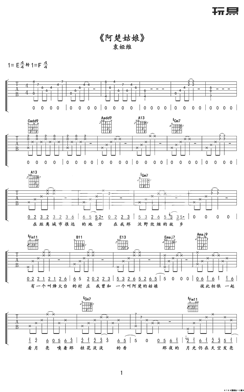 阿楚姑娘吉他谱-袁维娅-中国之星歌曲吉他谱1
