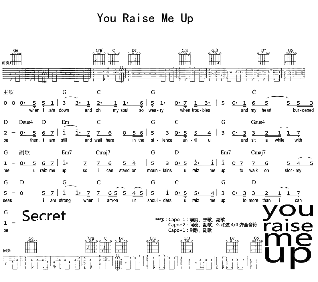 You Raise Me Up吉他谱-英文歌曲《你鼓舞了我》六线谱1
