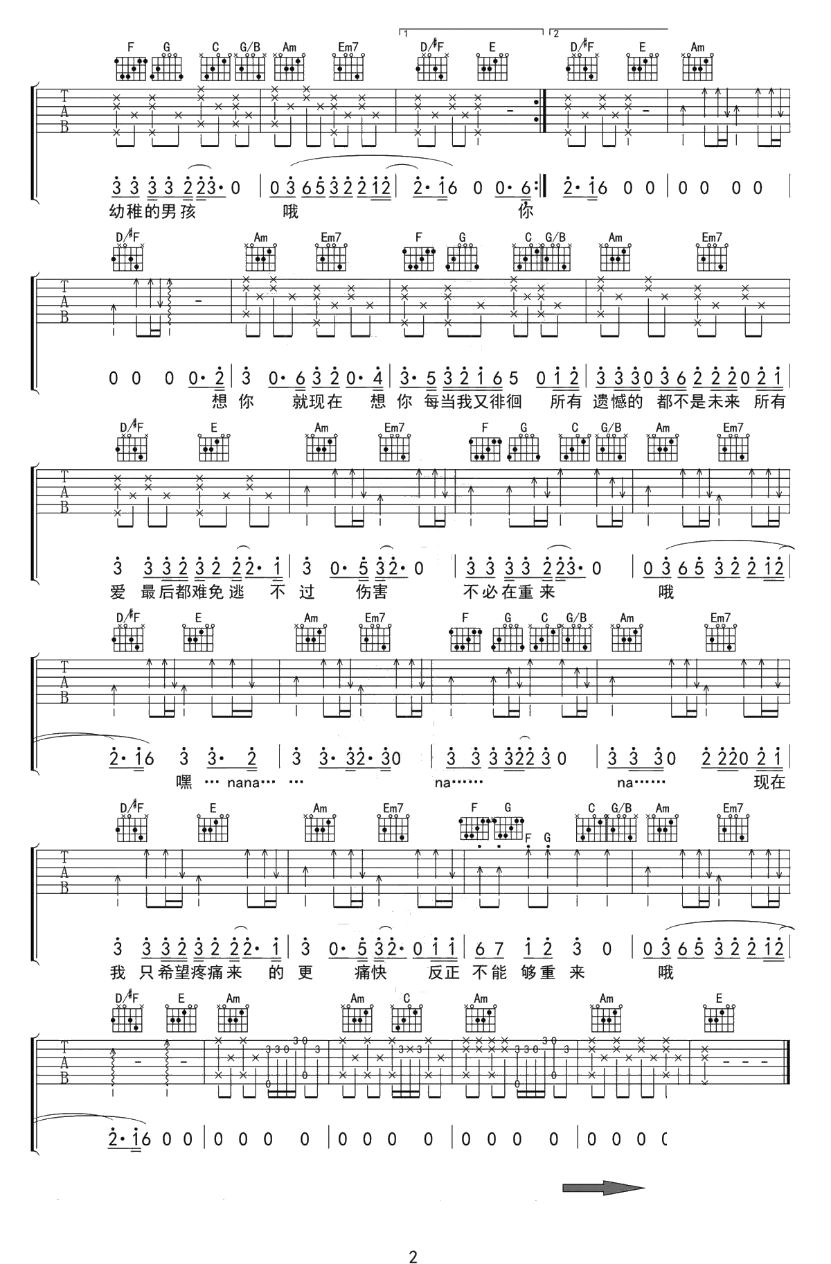 男孩吉他谱 梁博 C调六线谱2