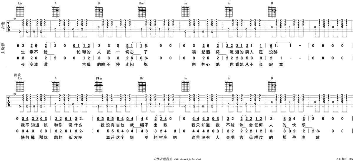吉姆餐厅吉他谱-D调指法-赵雷-吉他弹唱讲解-六线谱完整版2