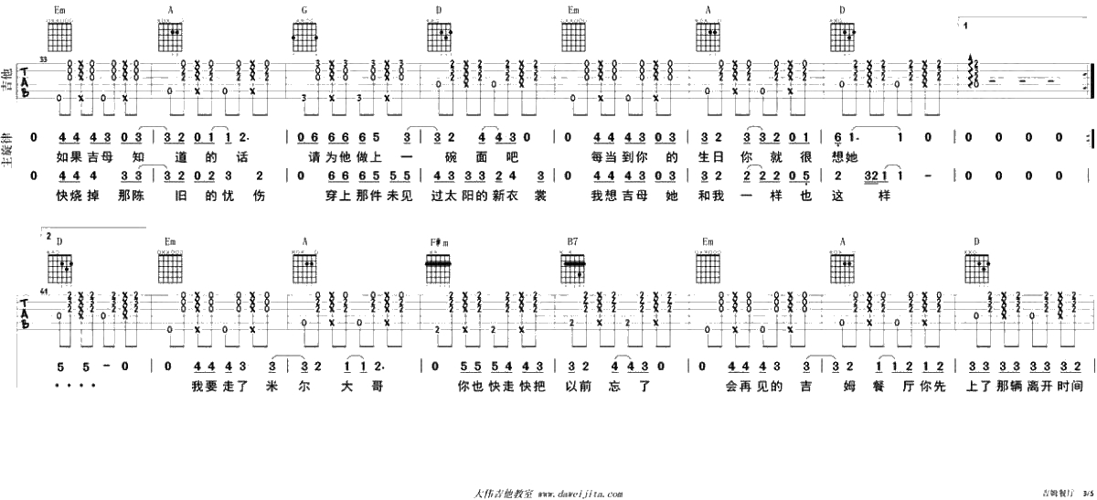 吉姆餐厅吉他谱-D调指法-赵雷-吉他弹唱讲解-六线谱完整版3